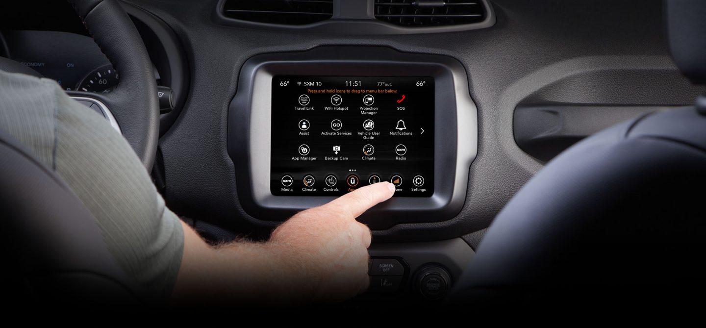 A close-up of the Uconnect touchscreen in the 2022 Jeep Renegade, displaying the Apps screen.