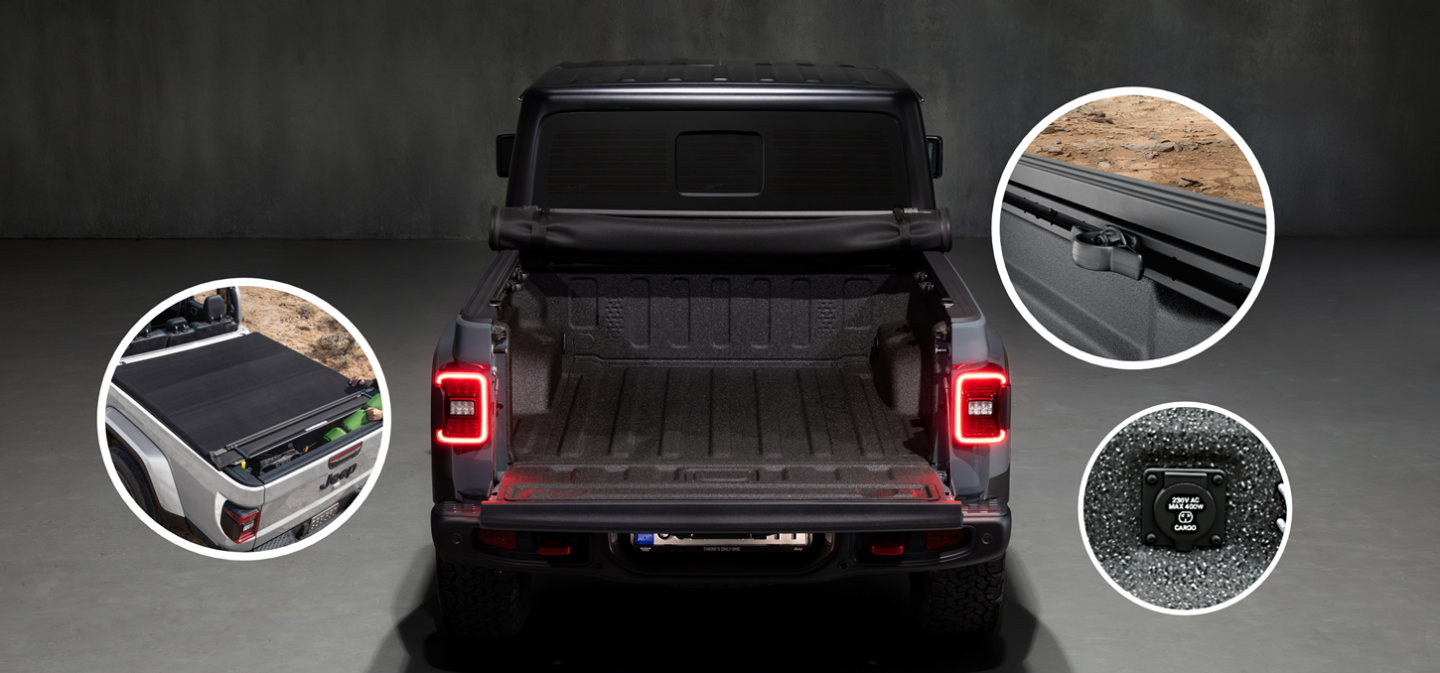 An olive green 2025 Jeep Gladiator Rubicon X travailing through deep snow off-road, in the mountains. Start Something New Sales Event logo.
