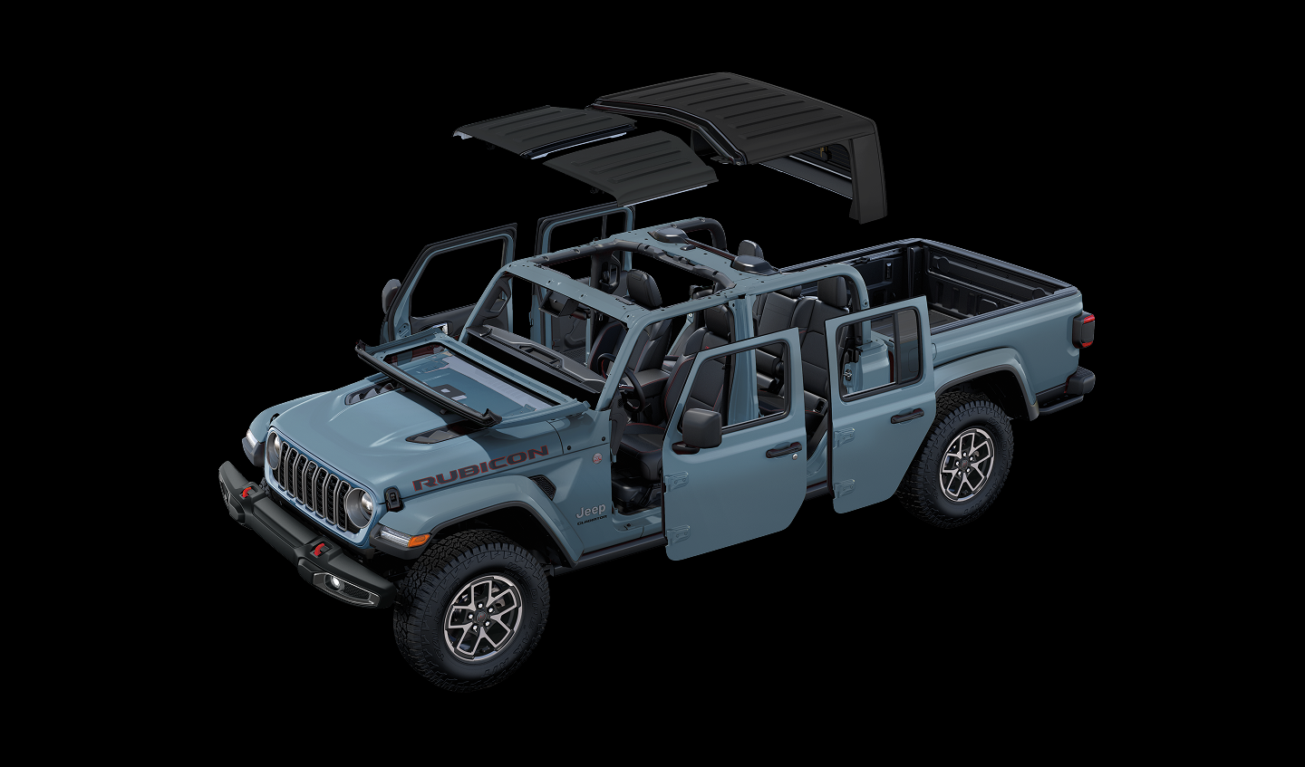 An olive green 2025 Jeep Gladiator Rubicon X travailing through deep snow off-road, in the mountains. Start Something New Sales Event logo.