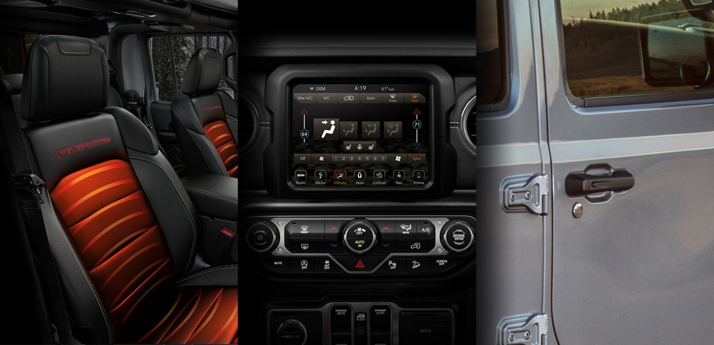 Collage showing heated seats, uconnect system and a gladiator door handle